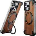 OATSBASF Magnetic Wood Case Compatible with 16 Pro Max 6.9", [Natural Wood & Aluminum] Shockproof Protective Cover Unique Wooden Case with 360 Ring Stand, Black