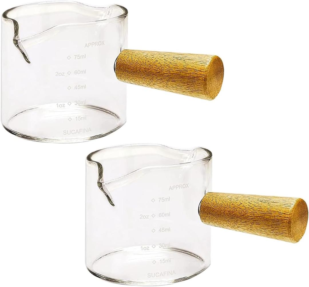 2Pcs Double Spouts Espresso Shot Glasses Measuring Glass Espresso Cups Cookware with Wood Handle for Milk Coffee, 75 Ml Wood Brown