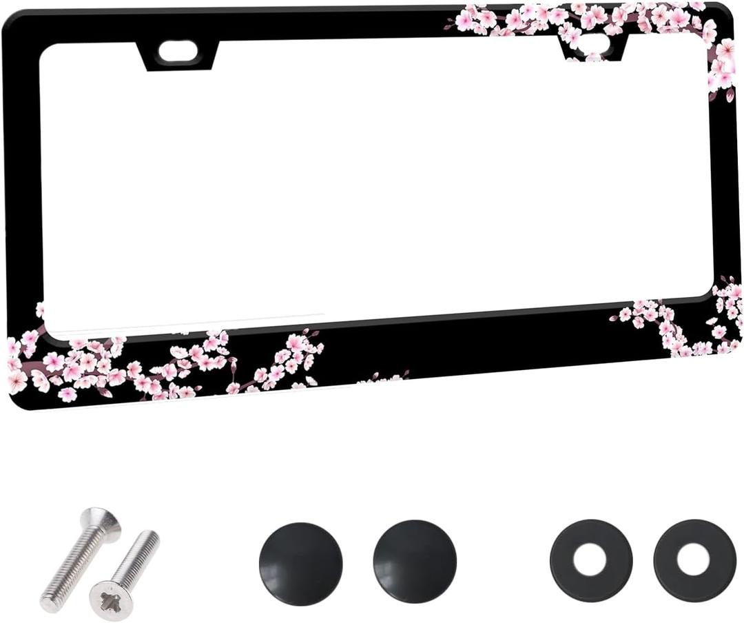 Cherry Blossom License Plate Frame  Stylish Black Frame with Pink Cherry Blossom Design, Stainless Steel Car Holder with Screws & Caps, Fits US & Canada Vehicles (Cherry Blossom)