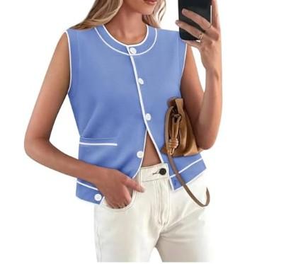 Yousify Women's Knit Tank Tops 2025 Summer Sleeveless Sweater Vest Round Neck Button Down Casual Cardigan with Pockets S