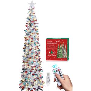 HMASYO 6 FT Pop Up Christmas Tree with 100 LED Lights & Remote, Sliver Christmas Tinsel Tree, Collapsible Artificial Pencil Tree for Home Office Party Decor, USB Powered Timer Lights, Easy Assembly (Colorful Silver)