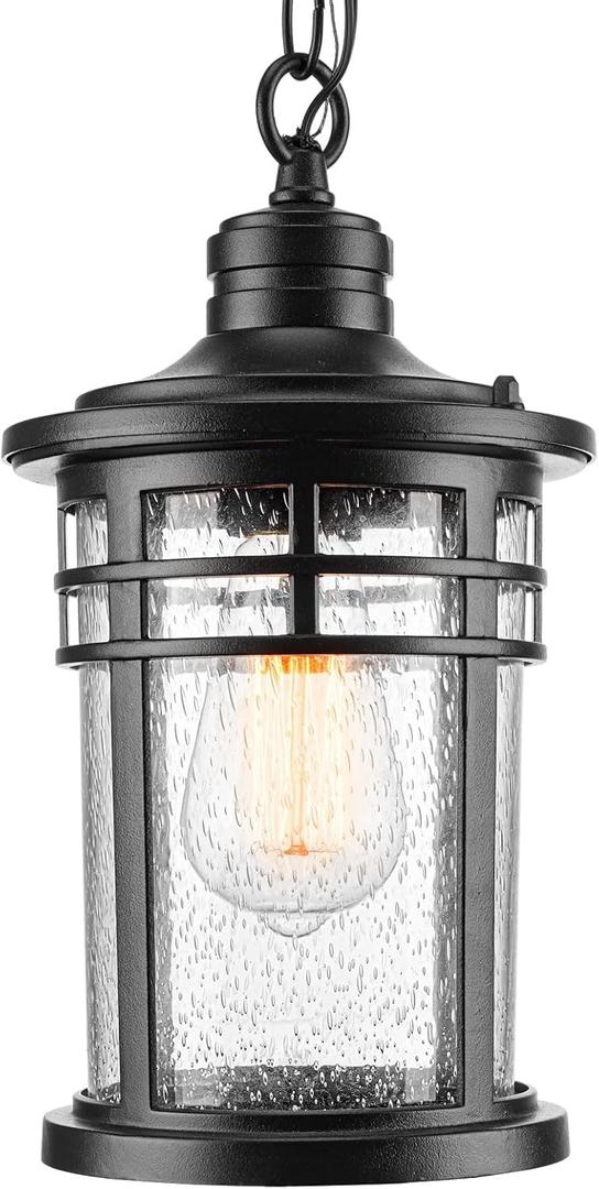 Darkaway Outdoor Pendant Lights for Porch, Outdoor Chandelier Hanging Porch Lights Ceiling Mount Aluminum with Seeded Glass for Front Porch Gazebo Patio (Medium, Black)