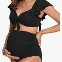 Charmo Maternity Swimsuit Two Piece Ruffle Sleeve Ribbed Ruched Bikini Tie Knot High Waisted Pregnancy Swimwear, XL.