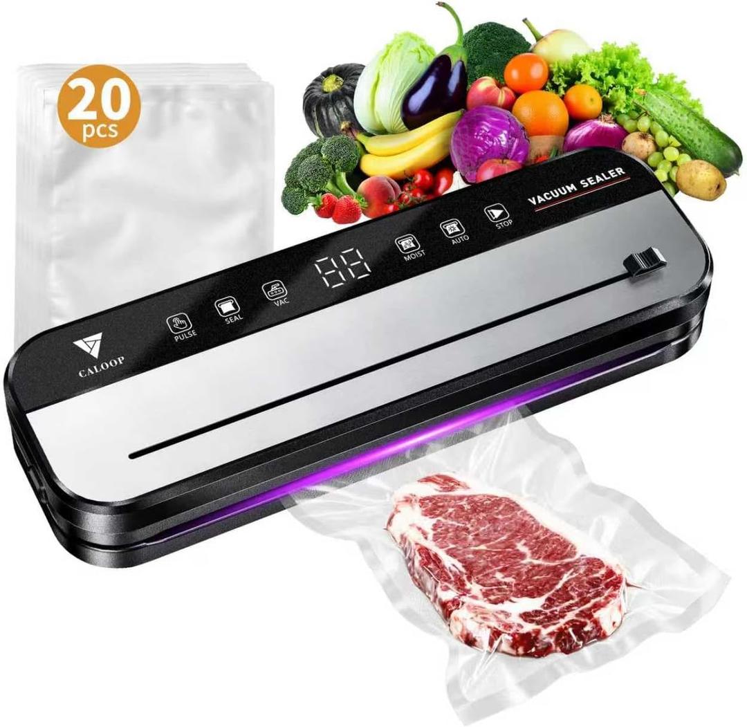 CALOOP Food Vacuum Sealer Machine with 20 Seal Bags, 80 Kpa Powerful Food Saver for Kitchen Storage, Dry/Moist Modes, Digital Countdown Timer, Compact Lightweight, Build-in Cutter