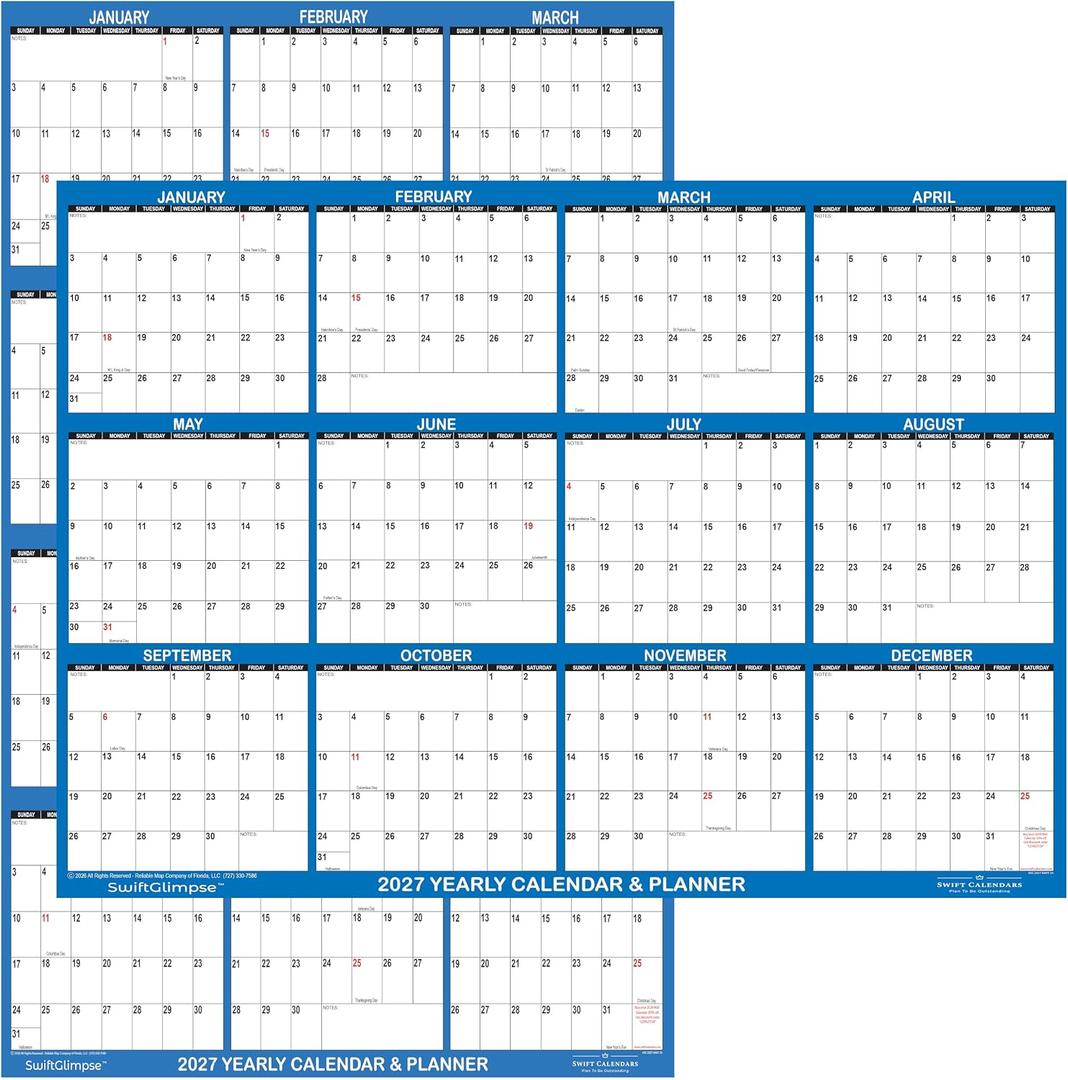 24" x 36" SwiftGlimpse 2027 Wall Calendar Erasable Large Wet & Dry Erase Laminated 12 Month Annual Yearly Wall Planner, Reversible, Horizontal/Vertical, Navy (1-PACK)