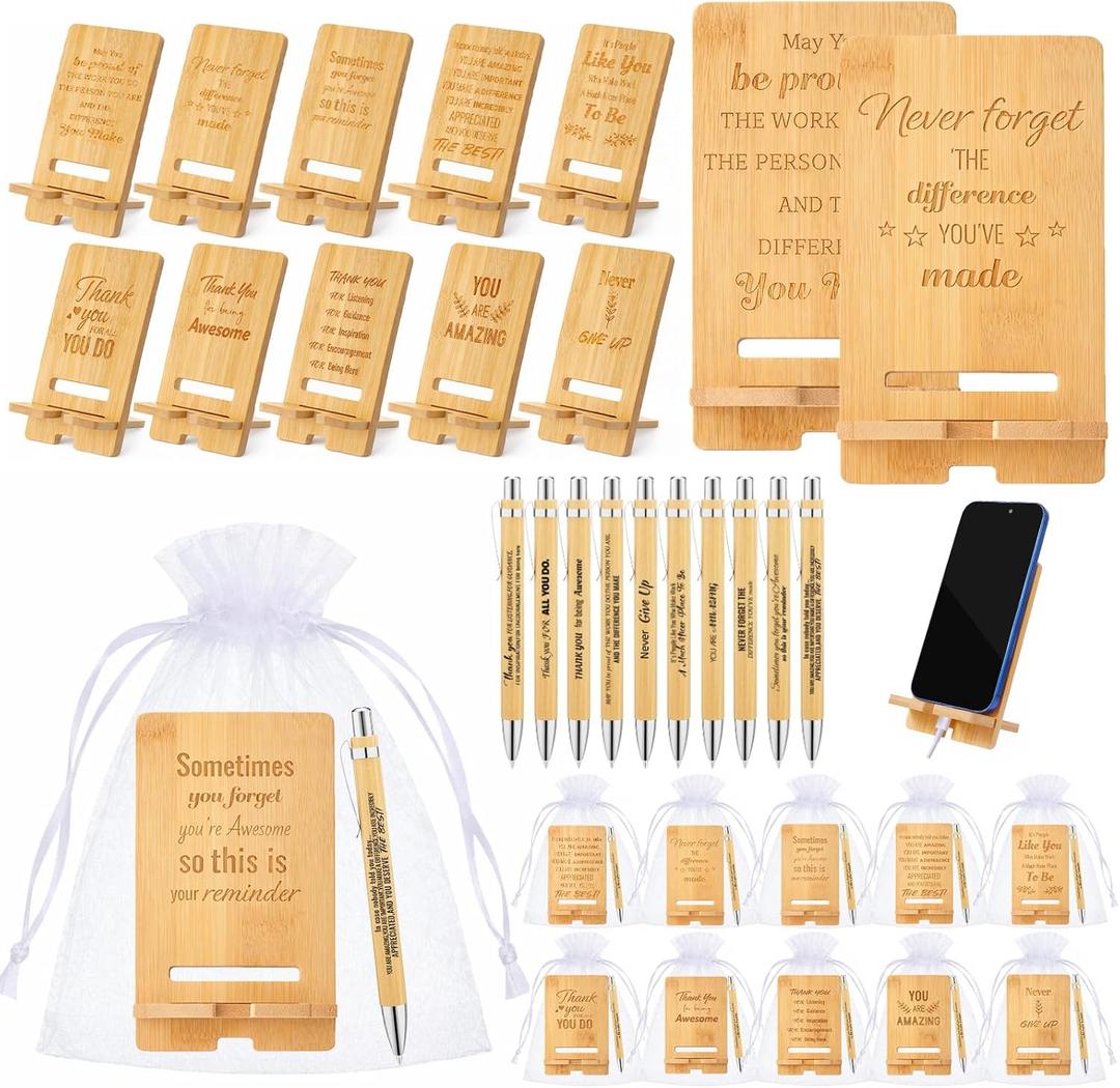 30 Pcs Employee Appreciation Gifts Bulk, 10 Wooden Phone Stands, 10 Motivational Pens with White Organza Bags, Thank You Gifts for Coworkers, Staff, Team, Volunteers, Nurses, Teachers, Office Desk
