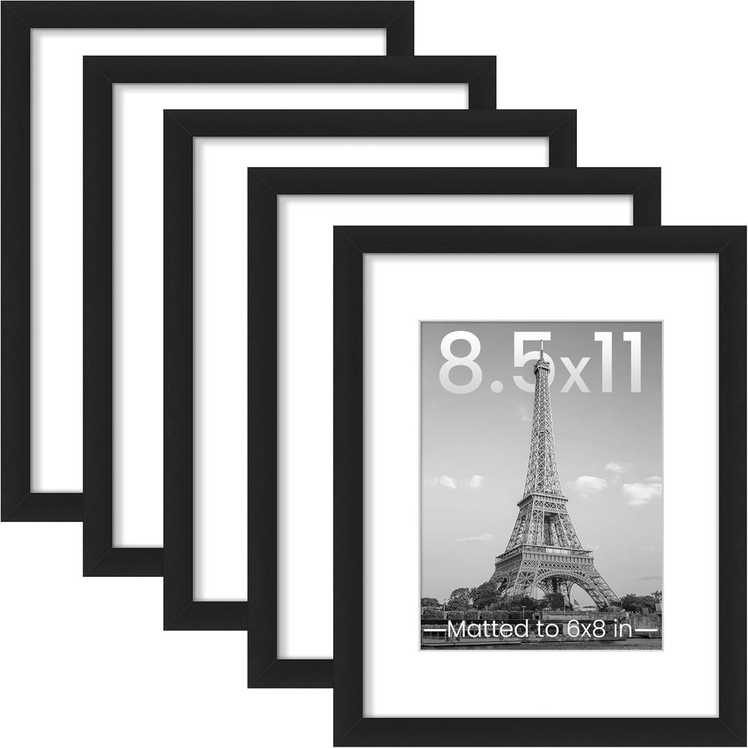 Upsimples 8.5x11 Picture Frame Set of 5, Display Pictures 6x8 with Mat or 8.5 by 11 Without, Wall Gallery Photo Frames, Black
