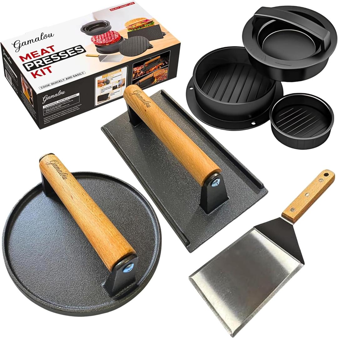 Gamalou Smashed Burger Press BBQ Kit: 7" Round & 8.2x4.3 Rectangle Cast Iron Bacon Press, 3 in 1 Patty Maker, Spatula 6x5, Burger Press Griddle Set for Blackstone, Traeger, Grills, Fry Pan