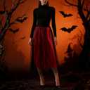 Halloween Skirts for Women with Witch Hat Velvet Bats Mesh Tulle Midi Skirt for Costume Party Outfit (Small-Medium, Red)