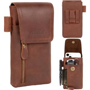 Leather Phone Holster - Genuine Full-Grain Buffalo Leather Cell Phone Holsters - for iPhone 16, 15, 14, 13pro, Galaxy S24, S23, S22-7 X 3.5" Coffee