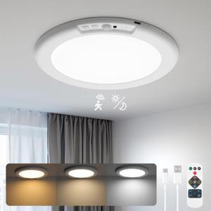 wowatt Battery Operated Ceiling Light Rechargeable Motion Sensor Lamp Indoor Wireless Shower Lights with Remote 3000K 4500K 6500K 7.48in Dimmable Timing Motion Activated Lighting for Closet Shower (1 Pack)
