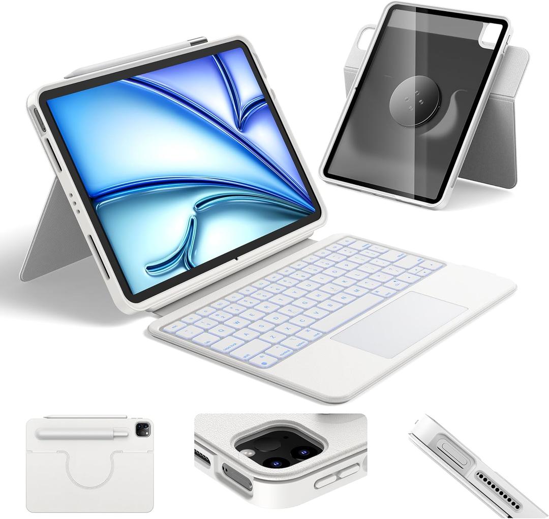 HOU iPad Air 11 Case with Keyboard (M3 2025, M2 2024) Detachable Rotatable Magnetic Full Protection Case, 7-Color Backlight, Touchpad, Elastic Pen Holder for iPad Pro 11 (4th-1st) & Air (5/4th)White