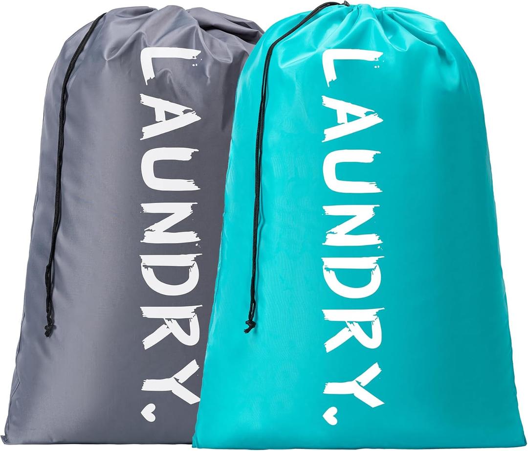 2 Pack XL Travel Laundry Bag, Machine Washable Dirty Clothes Organizer with Drawstring,Large Enough to Hold 4 Loads of Laundry, Easy Fit a Laundry Hamper or Basket Travel Essentials 24" x 36" (Blue+Grey)