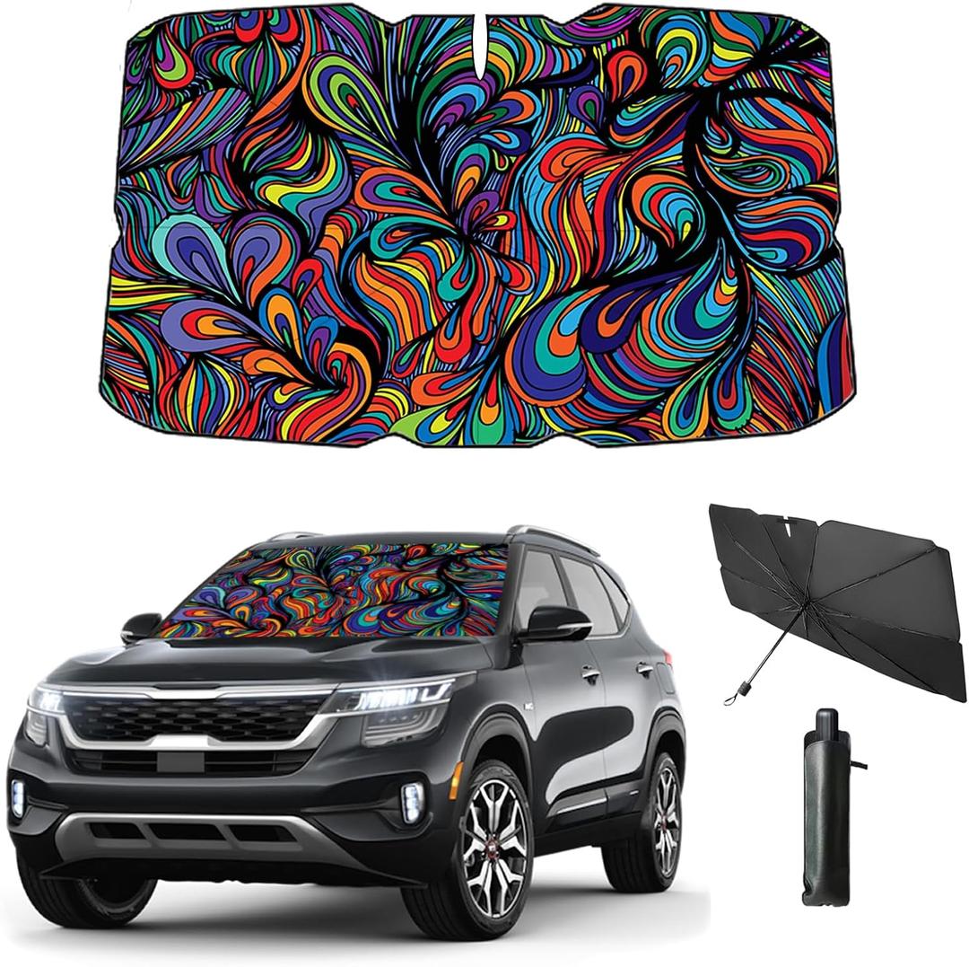 Windshield Sun Shade Umbrella for Car Front Window Sun Visor for Windshield 2025 Car Summer Accessories 100% Blackout Protect Interior from Sun UV Rays & Heat 57"*31" (Abstract)