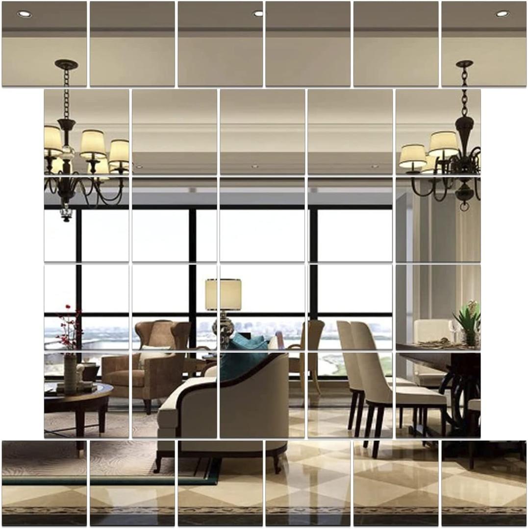 32PCS 1MM Thick 6x6 Inch Flexible Acrylic Mirror Tiles - Removable Silver Mirror Stickers for Home Wall Decoration