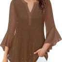 Lotusmile Women's 3/4 Sleeve Dressy Tops Elegant V Neck Blouse for Women Casual Work Evening Party (Brown, S)