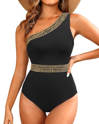 One Shoulder One Piece Swimsuits - Women Tummy Control Bathing Suit with Tie Knot Swimwear Full Coverage XXL Black