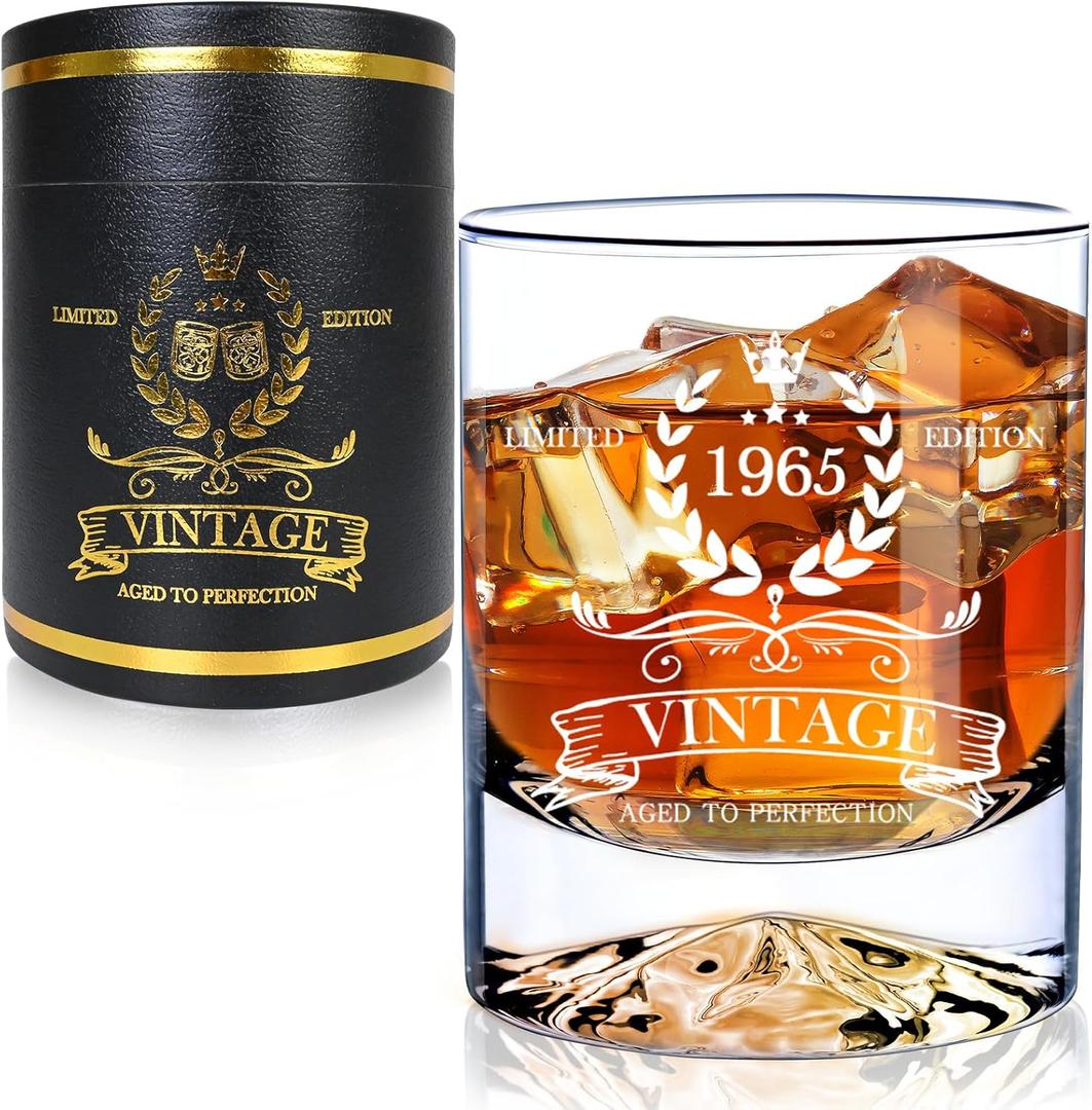 60th Birthday Gifts for Men, 12Oz Vintage 1965 Whiskey Glass with Unique Base, 60th Birthday Decorations for Men, 60 Year Old Cool Bday Gift Ideas for Him, Dad, Husband, Friends