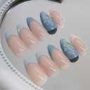 2 x Almond Press-On Nails - Medium French Tips Blue Glossy Full Cover for Women, 24 PCS (Blue 3D French)