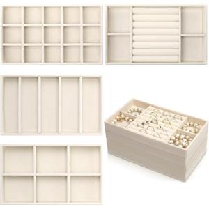 4 Pcs Stackable Jewelry Organizer Trays, 8 x 5 x 1 Inch Velvet Jewelry Trays Beige Jewellery Drawer Inserts Organizer Display Case Storage with Removable Dividers for Earring, Necklace, Rings