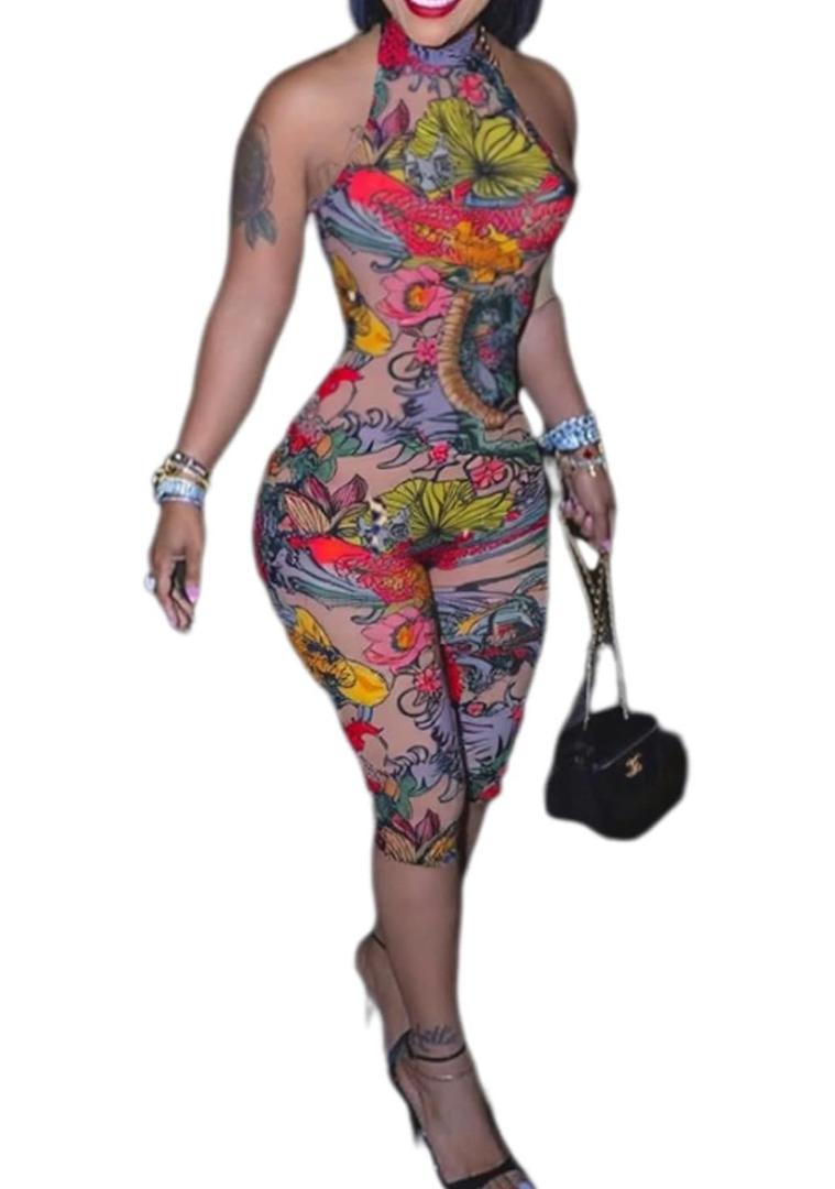Sexy Jumpsuits for Women Print Backless Halter Jumpsuit Bodycon Capri Jumpsuits Club Outfits, L