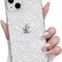NITITOP Compatible with iPhone 14 Case Clear Cute Line Flower Floral Rose Pattern for Women Girls Full Camera Lens Clear Slim Shockproof Protective Phone Cover - White