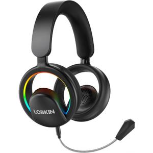 LOBKIN Open Ear Headphones, Bluetooth 6.0 Wireless Headset with Mic Detachable, Adjustable RGB Lights, Voice Assistant Comfortable Breathable Safe Lightweight Over Ear Headphones for Working Gaming (Black)