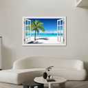 Beach Pictures Wall Art Decor for Living Room Blue Ocean Painting for Bedroom White Window Frame Style Palm Trees Canvas Wall Blue Coastal Landscape Artwork for Bathroom Home Office Decorations, Ready to Hang (24*36, Beach Palm Trees Wall Art)