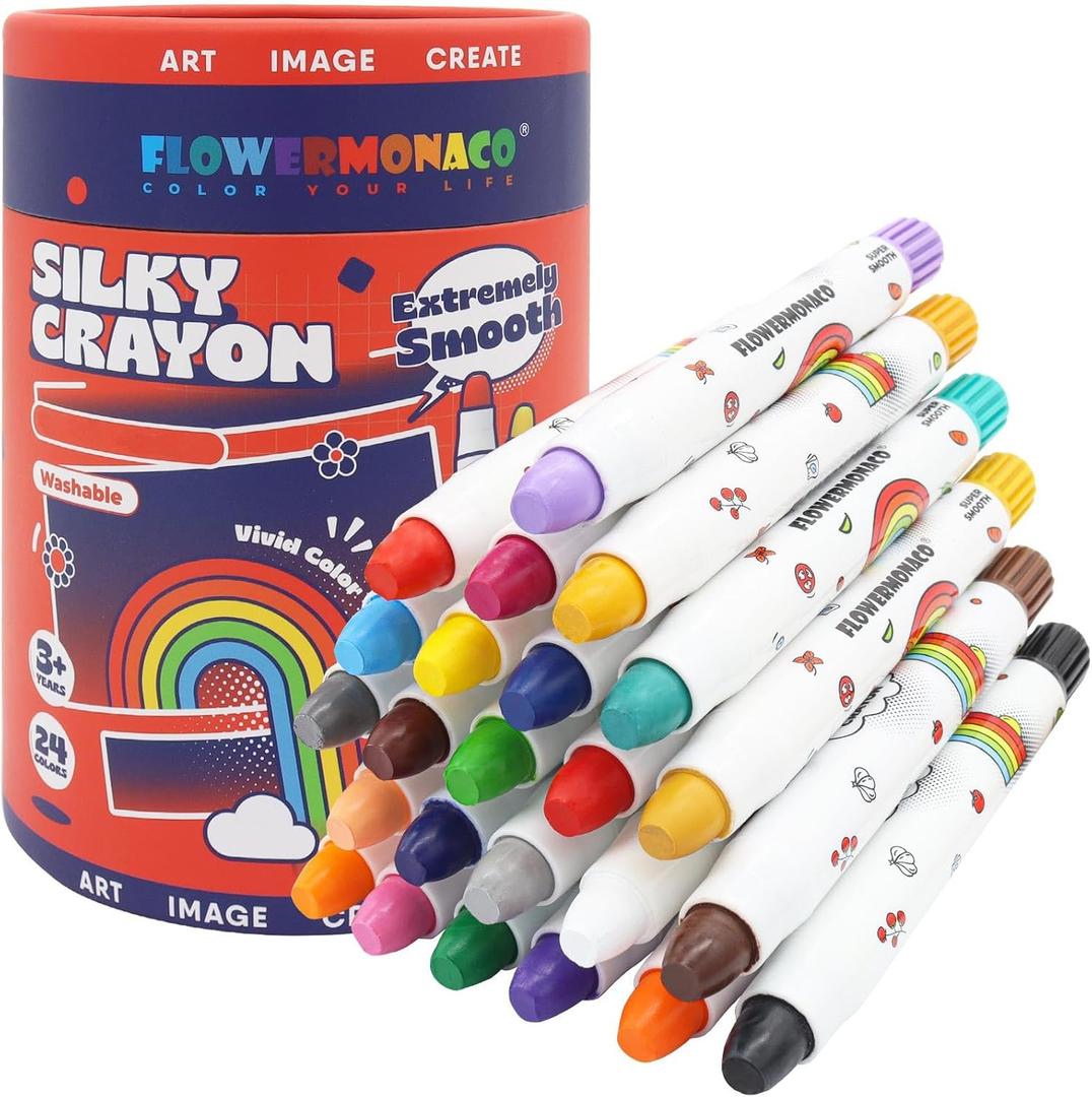 Lebze Washable Jumbo Crayons for Toddlers, 24 Colors Non Toxic Crayons Set, Large Baby Crayons Kids, Gift for Boys and Girls Flower Monaco