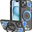 AIGOMARA 360 Spin Magnetic Stand for iPhone 15 Case,Compatible with MagSafe,Flower Pattern with Soft TPU and PC Back Protection Semi-Transparent Frosted Design for Women Blue