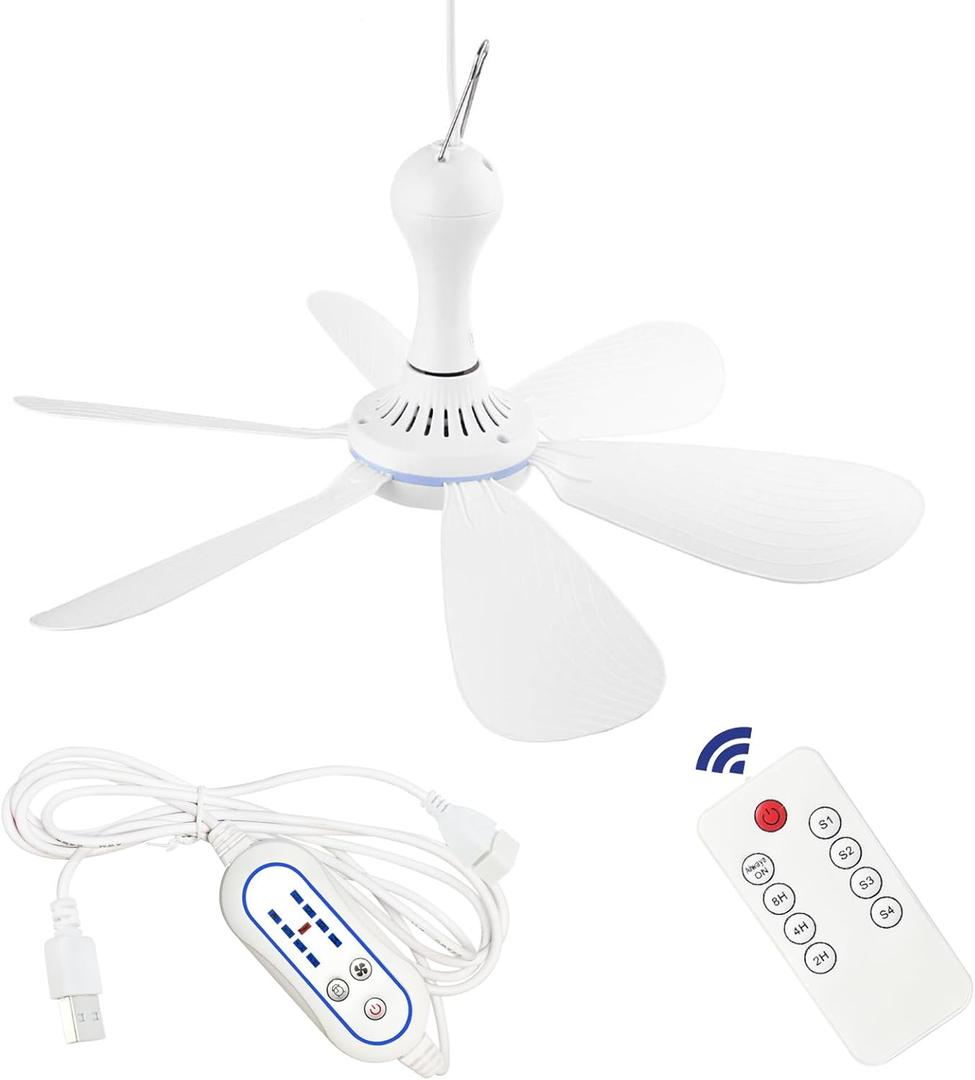 Silent USB Powered Ceiling Fan with Remote Control Timing 4 Speed, Quiet Small DC Plug in Ceiling Fan Hanging Fan for Camping Bed RV Tent Canopy Room