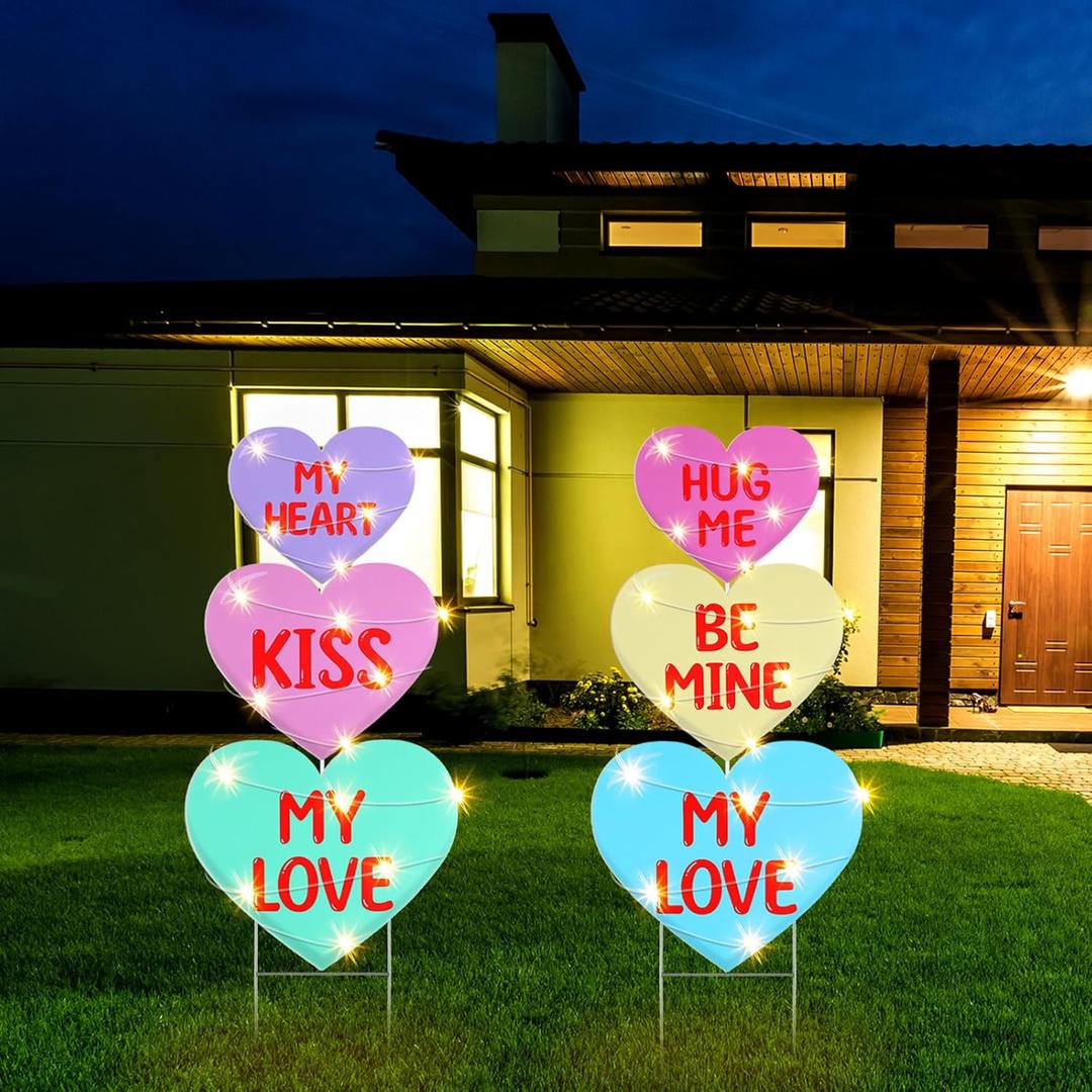 Menkxi 6 Pcs Valentine Yard Sign with Light Heart Garden Stakes Outdoor Lawn Decor Heart Stake for Valentine's Day Party Anniversary Outdoor Pathway Walkway Yard Decorations