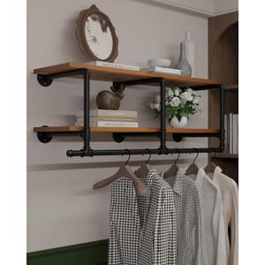 Wall Mounted Clothes Rack 12 Inch Deep, 42 Inch Heavy Duty Garment Rack with Real Walnut Wood Shelf, Multi-Purpose Hanging Rod & Space-Saving Closet Storage Organizer