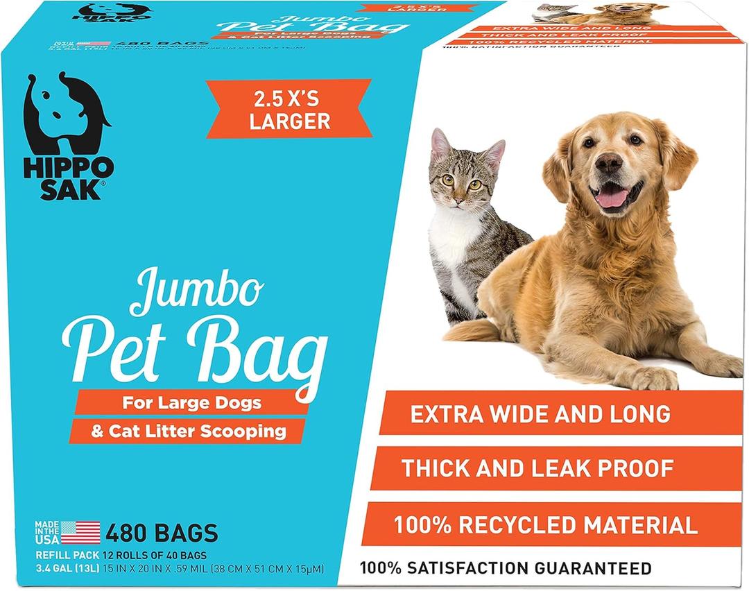 Hippo Sak Extra Large Pet Poop Bags for Large Dogs and Cat Litter, 480 Count