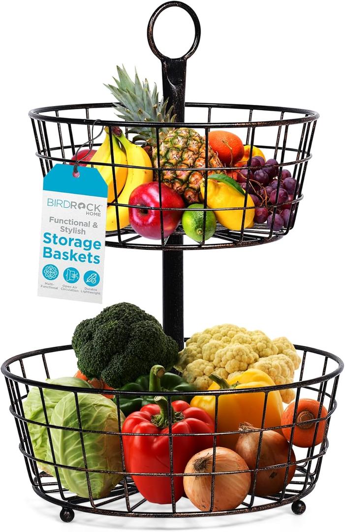 BIRDROCK HOME 2 Tier Wire Fruit Basket Bowl - Round Metal Standing Storage Baskets for Kitchen Counter - Tiered Vegetable, Garlic Caddy Stand - Rustic Farmhouse Decor - Metallic Iron Style - Black