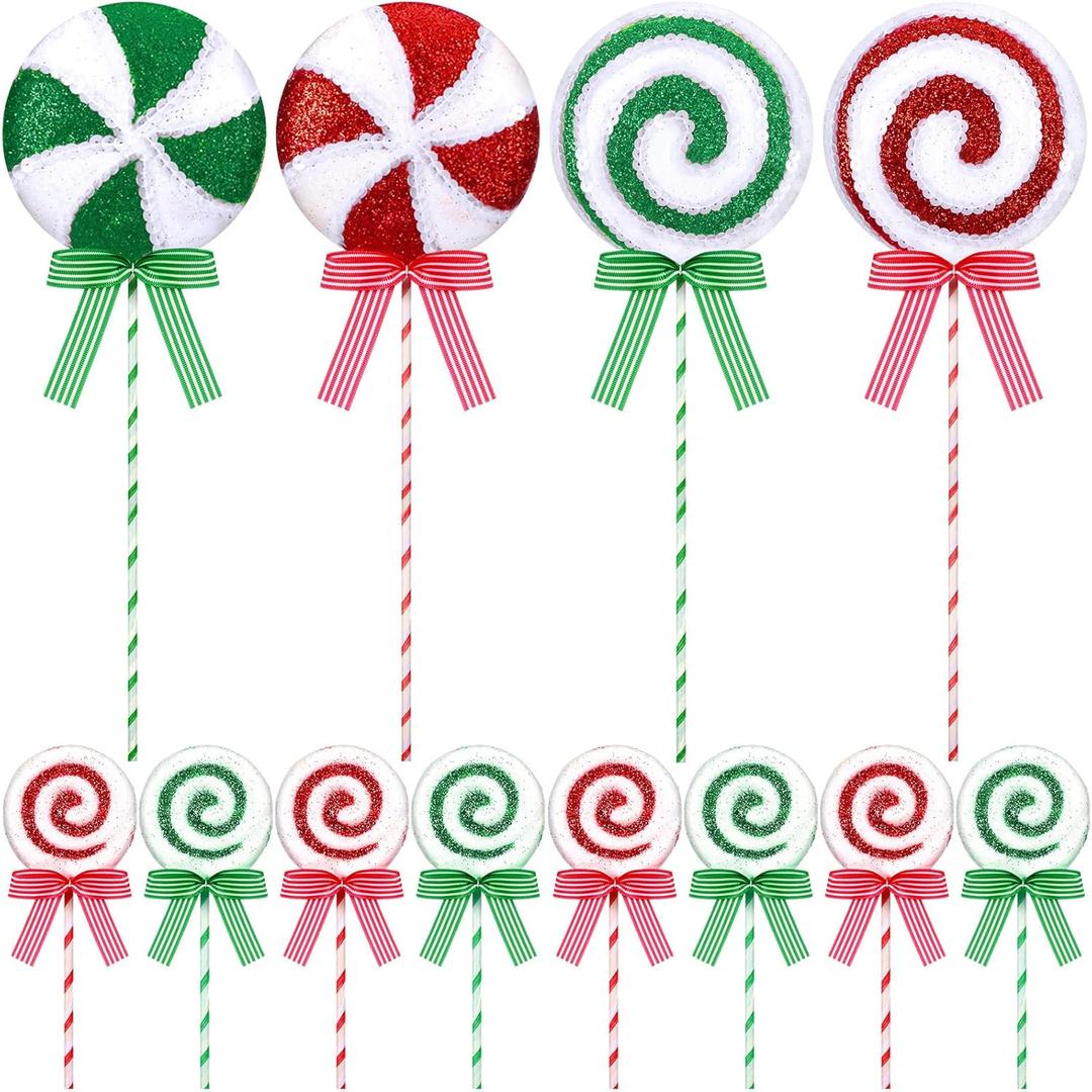 Wettarn 12 Pieces Christmas Candy Tree Picks with Ribbon Christmas Decorations 5.9" & 14.5" Glitter Lollipop Candy Canes Ornaments for Xmas Tree Topper Home Vase Party Ornaments(Red, Green)
