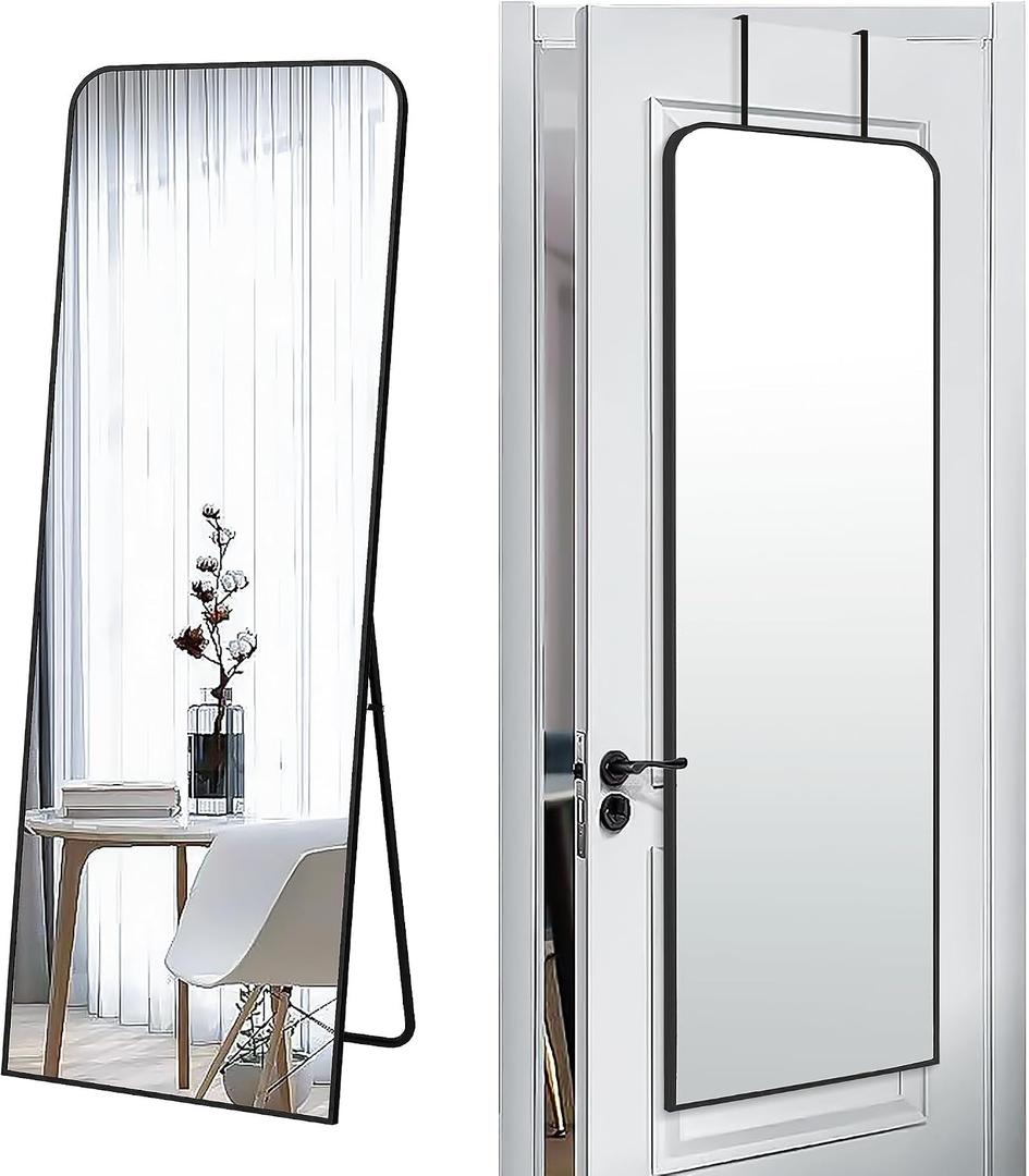SCWF-GZ 57x20 Door Hanging Full Length Mirror, Floor (Height 5.7ft just Body in 1.3ft) or Wall Mounted Metal Frame Rectangle Dressing Mirrors for Bedroom Bathroom Living Room 57 inch Black