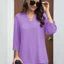 YUCOLEN 3/4 Sleeve Tunic Tops for Women V Neck Collared Shirts Chiffon Work Blouses Dressy Casual S-XXL (Purple, L)