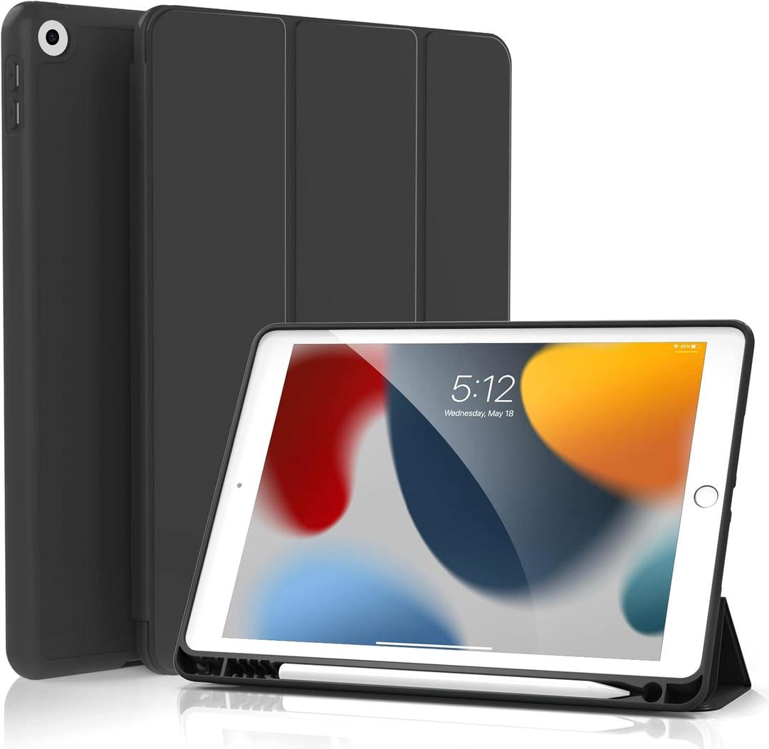 KenKe Case for iPad 9th Generation 2021/ iPad 8th Generation 2020/ iPad 7th Generation 2019 10.2 inch, Built-in Pencil Holder, Slim Trifold Stand Cover with Soft TPU Back, Auto Wake/Sleep, Black