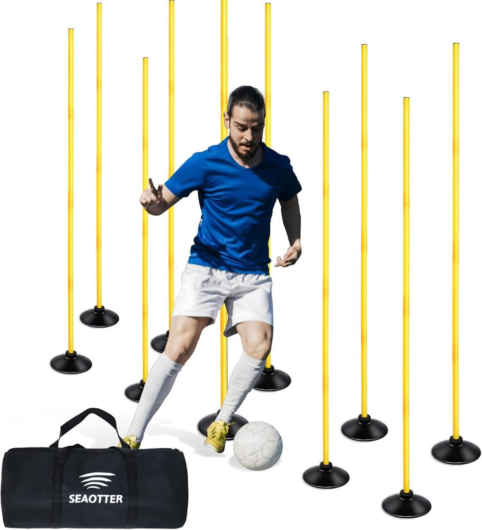 SEAOTTER Soccer Agility Poles Set, 4/6/10 Pcs 6ft Detachable Sports Trainning Speed Poles Slalom Poles with Rubber Base, Agility Training Equipment for Football, Rugby, Basketball, Indoor & Outdoor