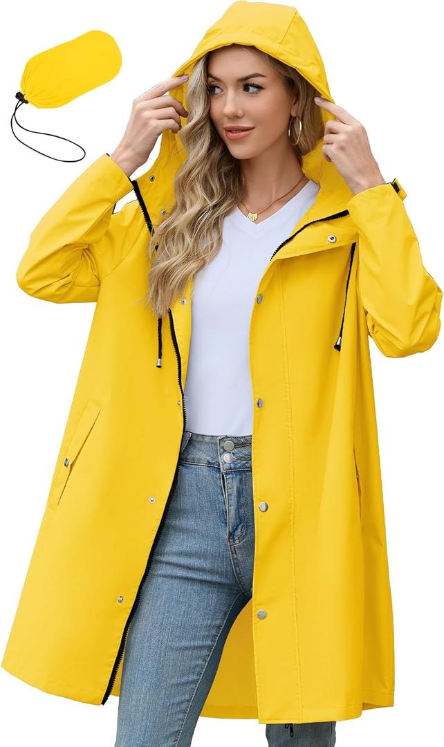 Zando Long Packable Rain Jacket Women Waterproof - Raincoat for Women Rain Coat with Hood Lightweight Outdoor Windbreaker (Yellow)
