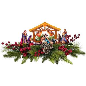 Svndlyn Lighted Artificial Christmas Table Centerpiece with Timer Metal Nativity Scene Silhouette Ornaments Pine Needles Red Berries for Christmas Decor Dining Table Holiday Party Home Mantel