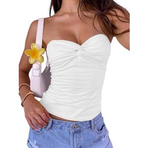 BAIGRAM Women Twist Knot Front Crop Tube Tops Sexy Summer Bandeau Cute Y2K Strapless Tank Top Going Out Teens Shirts (Small, White)