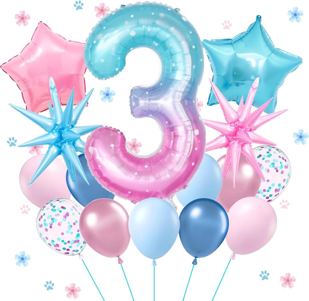 Cartoon 3rd Birthday Decorations for Boys Girls, Starry Sky 3 Balloon Number 40 Inch, Pink and Blue Balloons With Star Balloon For Pink Blue Birthday Decorations
