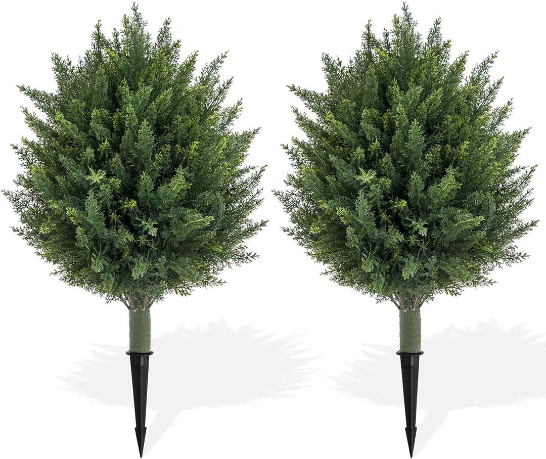 23.6'' Artificial Cedar Topiary Ball Tree with Ground Spike, Set of 2 Artificial Bushes UV Resistant Artificial Cypress Shurbs Fake Evergreen for Outdoor-Fake Bushes Home Front Porch Office Decor