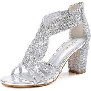 Gufobela Heels for Women Chunky Rhinestone Block Heeled Sandals Sparkly Open Toe Formal Dressy Shoes Wedding Prom Homecoming Hoco (1122 Silver 7)