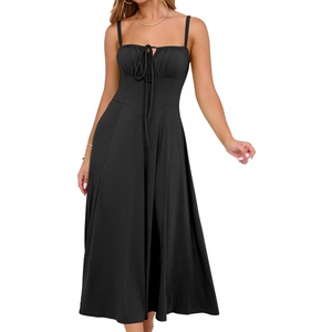 YATHON Women's Summer Midi Corset Boho Dresses Casual Floral Spaghetti Straps Lace Up Dress Flowy Aline Beach Sundress Size L Black