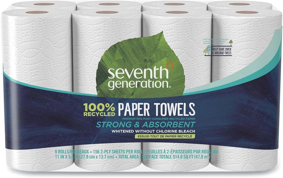 Seventh Generation 2-Ply Paper Towels, 11" x 5 7/16", 100% Recycled, White, 156 Sheets Per Roll, Pack of 8 Rolls