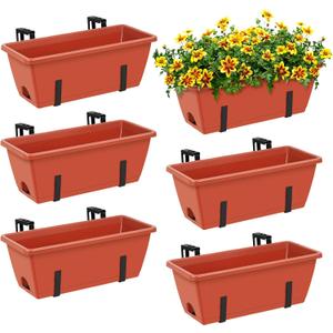ETELI Railing Planter Box 6 Pack Balcony Planters Railing Hanging with Metal Brackets Window Boxes Deck Rail Planter for Outdoor Indoor Porch Garden Patio, Red & Black