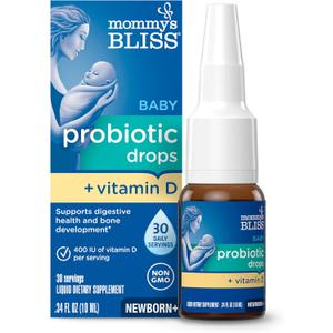Mommy's Bliss Baby Probiotic Drops + Vitamin D, Supports Digestive Health and Immunity, 400IU Vitamin D for Healthy Bone Development, Newborns +, Flavorless, 0.34 Fl Oz (30 Servings)